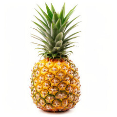 Fototapeta premium A whole, ripe pineapple with spiky leaves and golden skin, isolated on white background
