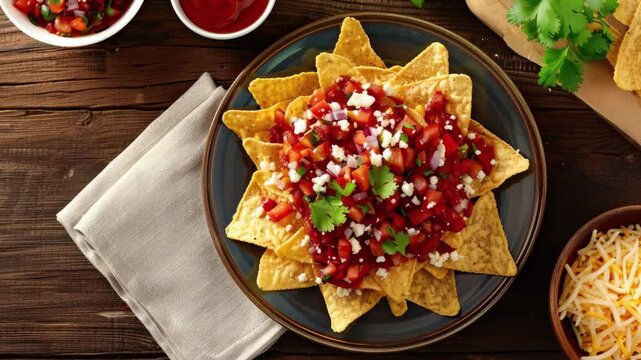 Delicious Plate of Mexican Beef Nachos  on a Wooden Table