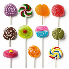 A set of lollipops in different shapes and colors, isolated on white background