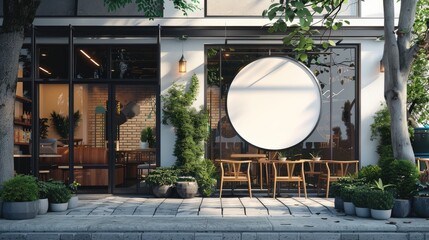 Modern cafe exterior with large windows, light interior decor, and blank round billboard sign, sunny day. Cafe mockup
