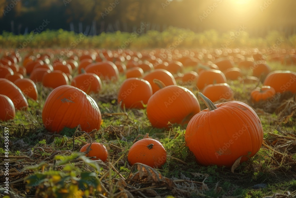 Poster a field of oranges with the sun setting in the background, pumpkin patch glistening under the warm a