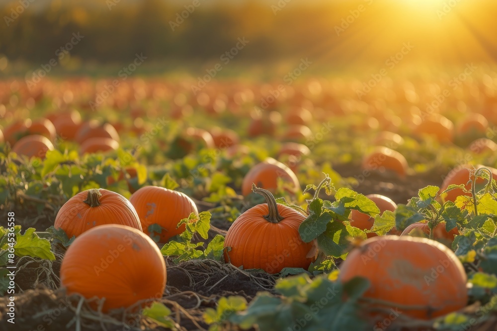 Poster a field of oranges with the sun setting in the background, pumpkin patch glistening under the warm a