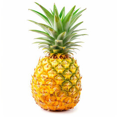 Fototapeta premium A juicy, yellow pineapple with spiky leaves and a golden skin, isolated on white background