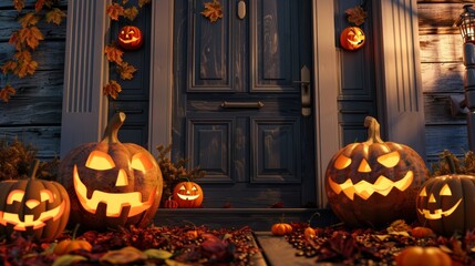 Obraz premium Charming house entrance adorned with spooky halloween pumpkins for a festive touch