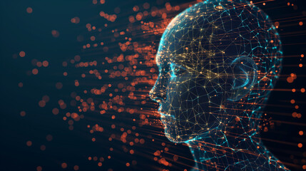 Artificial intelligence concept with a digitized human head filled with circuits and codes. Generative AI