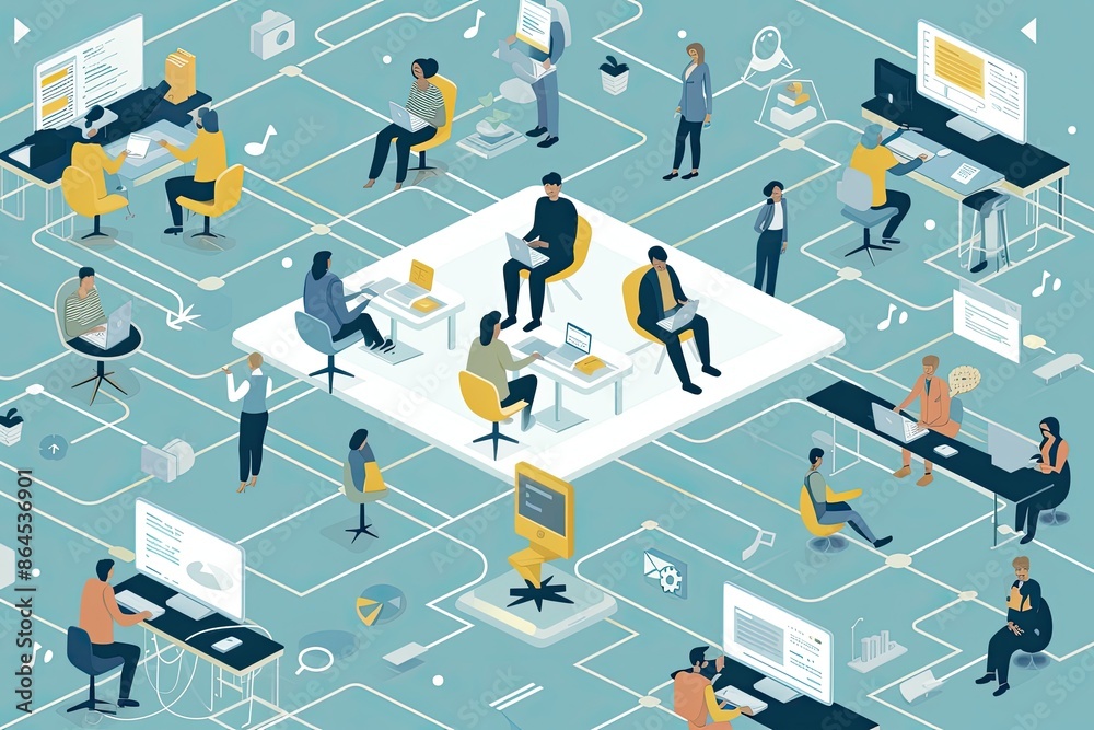 Poster a group of people working in an office, artistic rendition of various employees interacting through 