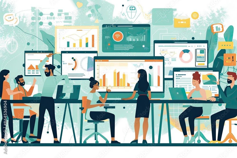 Aufkleber a group of people working in an office, artistic rendition of various employees interacting through 