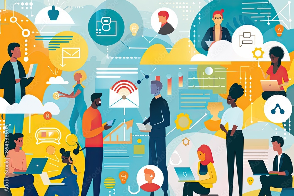 Aufkleber a group of people working in an office, artistic rendition of various employees interacting through 