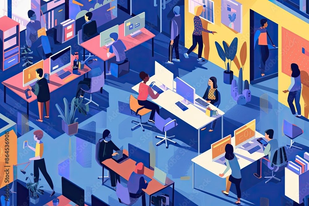 Poster a group of people working in an office, artistic rendition of various employees interacting through 