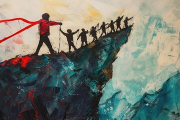 a painting of a group of people walking on a mountain, Artwork portraying a leader leading a group in overcoming an obstacle