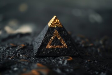 a triangle shaped object on a black surface, shiny black clay logo of an Egyptian pyramid subtly highlighted with gold accents