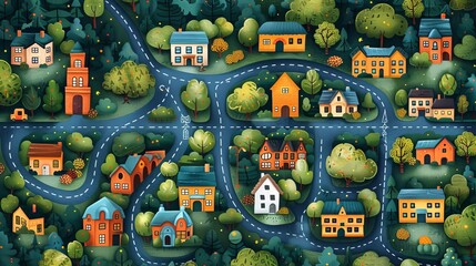 a city map with school, park, museum, cafe, library, supermarket, hospital and zoo, children's book illustration style,