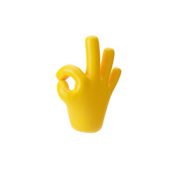 Yellow emoji hand showing ok or zero sign isolated over transparent background, png. 3d rendering.