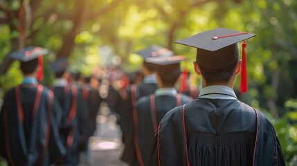 A group of Asian university students wearing black gowns and graduation caps during their supervmusion ceremony