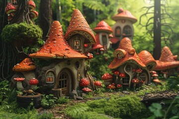 a group of small houses sitting on top of a lush green forest, tiny village nestled among toadstools in a verdant forest