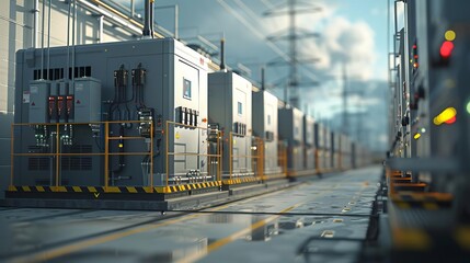 high quality Raytracing render of an energy storage system at a substation, industrial design, clean and modern look, grey color scheme, photorealistic, octane rendering, cinematic