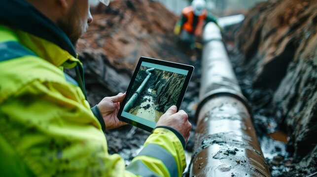 A professional engineer using a tablet to document the construction of underground water pipes
