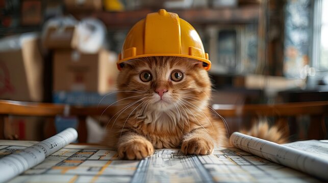 Cute ginger cat in a yellow helmet with a construction plan on the table
