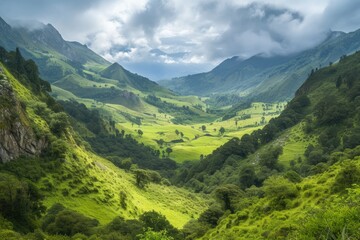 a valley with a mountain in the background, verdant valley nestled between rough mountain terrain