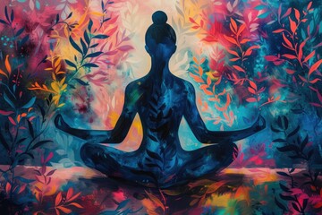 a painting of a person sitting in a lotus position, vibrant depiction of the peaceful balance achieved through meditation for mental health awareness