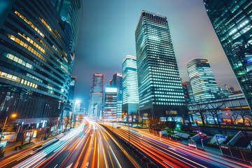 Fototapeta premium City at night with traffic building. Street road speed in cityscape urban motion. Transportation light with cars in downtown business travel. Skyline evening in China skyscraper