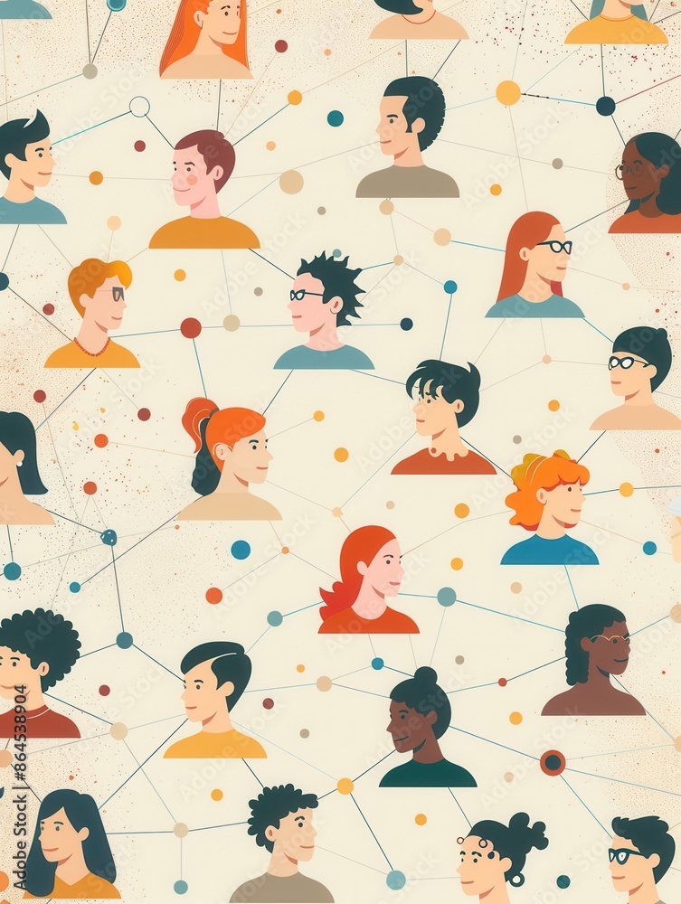 Poster An illustration depicting numerous profiles connected by lines and dots, representing a social network or community. Generative AI