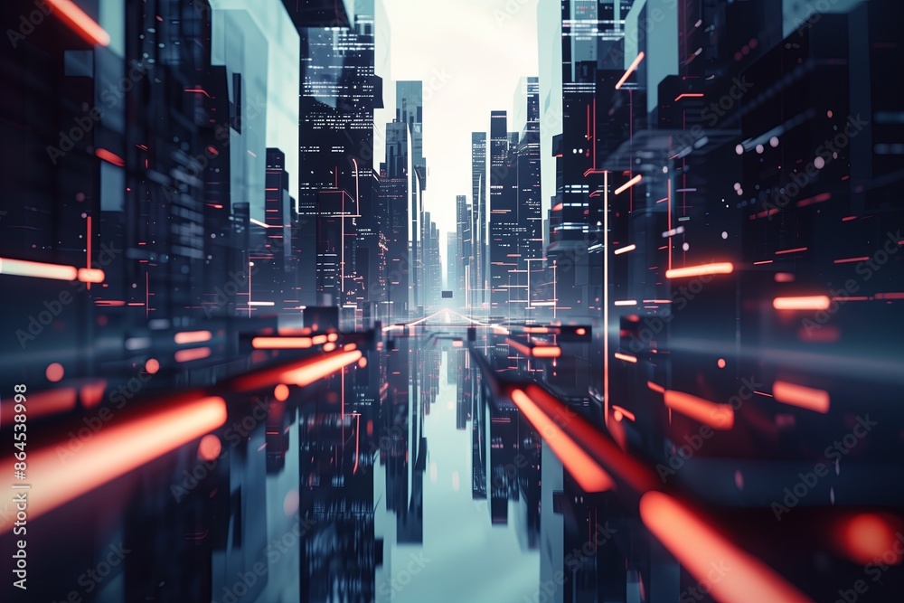 Aufkleber city business background in blue. road abstract future with skyline buildings. urban speed and techn