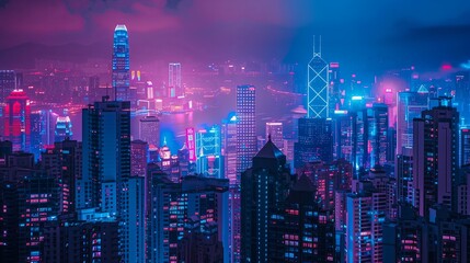 Fototapeta premium City night in China. Skyscrapers in Asia skyline. Modern architecture in Hong Kong. Urban harbor at Victoria, cityscape downtown business. Hong Kong metropolis with aerial tower.