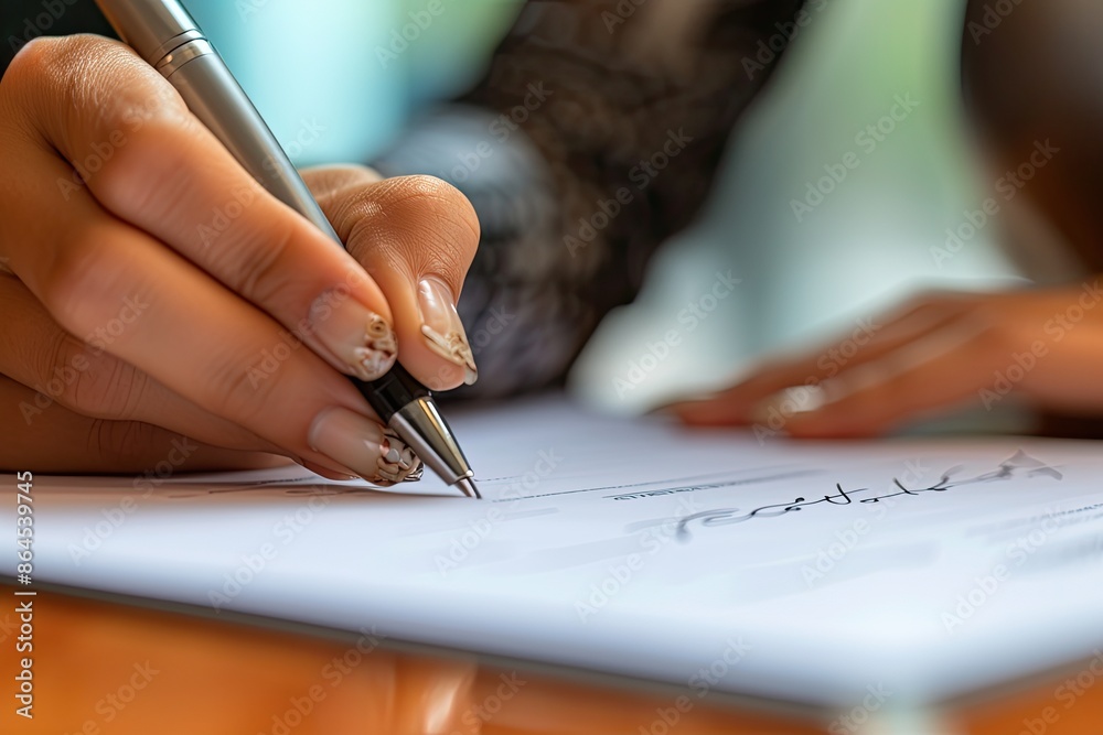 Poster two people sitting at a table signing papers, Close-up view of two hands signing a business contract on an elegant desk