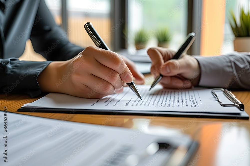 Poster two people sitting at a table signing papers, Close-up view of two hands signing a business contract on an elegant desk