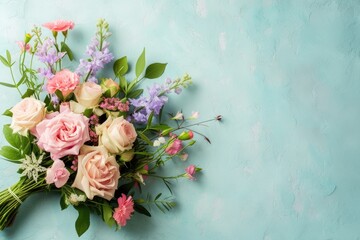 a blue background with pink and white flowers, Craft a background showcasing a happy birthday floral arrangement