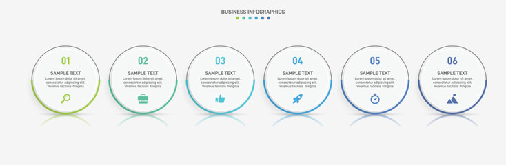 Horizontal progress bar featuring 6 arrow-shaped elements, symbolizing the six stages of business strategy and progression. Clean timeline infographic design template. Vector for presentation