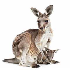 Fototapeta premium An adorable baby kangaroo peeking out of its mother's pouch, isolated on white background