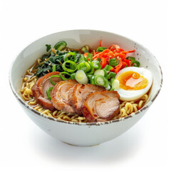 A bowl of ramen noodles with slices of pork, egg, and vegetables, isolated on white background