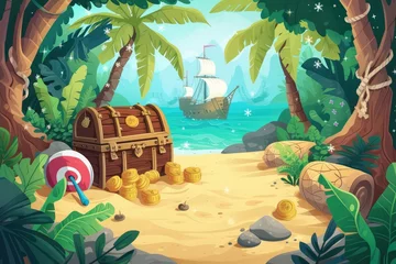 a pirate's chest on the beach with a pirate ship in the background, Design a background featuring a birthday treasure hunt scene