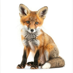 Obraz premium A cute red fox kit with big ears and a bushy tail, sitting and looking curious, isolated on white background