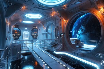 a space station floating in the ocean, Design an otherworldly space station with advanced technology and cosmic views