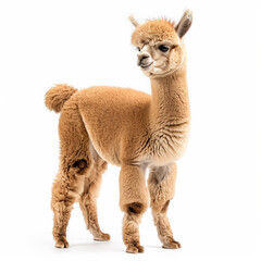 A fluffy baby alpaca with a friendly expression, standing and looking around, isolated on white background