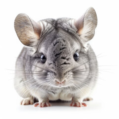 A fluffy baby chinchilla with big ears and a curious expression, isolated on white background