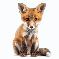 Fototapeta premium A cute red fox kit with big ears and a bushy tail, sitting and looking curious, isolated on white background