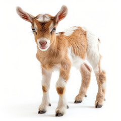 Fototapeta premium A tiny baby goat with a playful expression, standing and looking around, isolated on white background