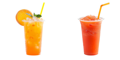 Refreshing Orange and Red Fruit Juices in Plastic Cups with Straws Isolated on Transparent Background