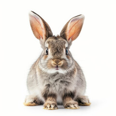 Fototapeta premium A baby rabbit with soft fur and big ears, sitting in a relaxed pose, isolated on white background
