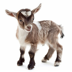 Fototapeta premium A tiny baby goat with a playful expression, standing and looking around, isolated on white background