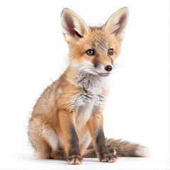 Fototapeta premium A tiny baby fox with a bushy tail and big ears, sitting and looking curious, isolated on white background