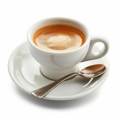 Obraz premium A cup of espresso with a small spoon on the saucer, isolated on white background