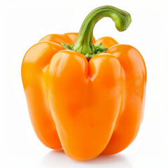 A vibrant orange bell pepper with a shiny surface and a green stem, isolated on white background