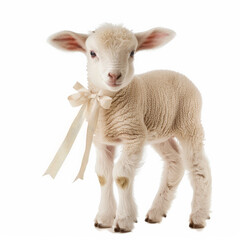 Fototapeta premium A sweet little lamb with a ribbon around its neck, standing and looking around, isolated on white background