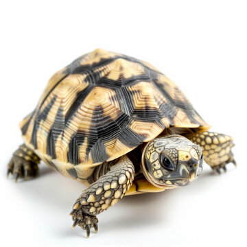 A sweet little turtle with a patterned shell, walking slowly, isolated on white background