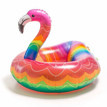 A colorful inflatable pool float in the shape of a flamingo, isolated on white background